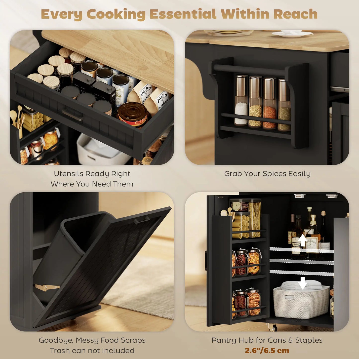 Kitchen Island Cart, Portable Table with Charging Station, Rubber Wood Drop Leaf, Trash Storage, Black Kitchen Islands & Kitchen Carts at Gallery Canada