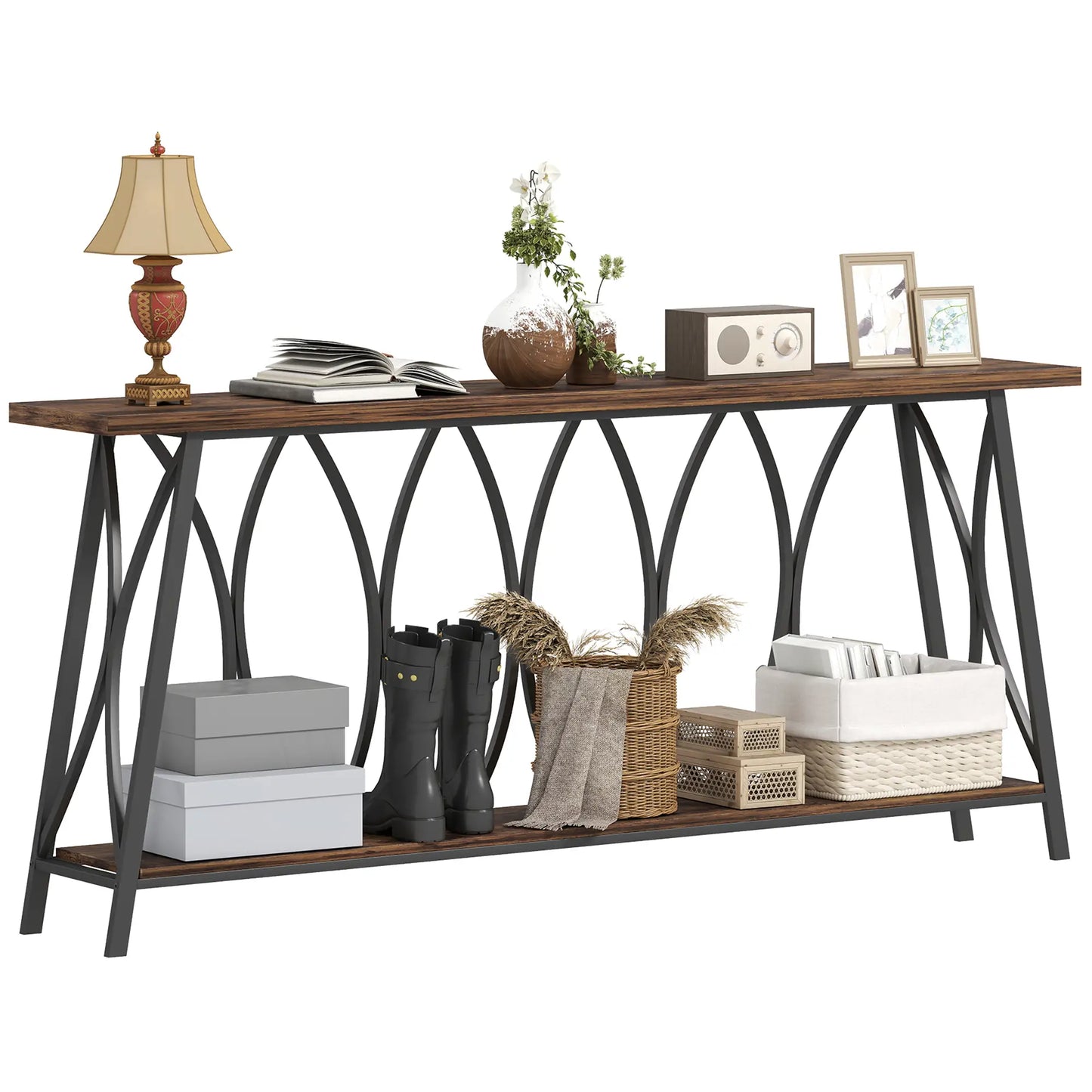 71" Console Table, Industrial 2-Tier Narrow Entryway Table, Rustic Brown, Brown Console Tables at Gallery Canada