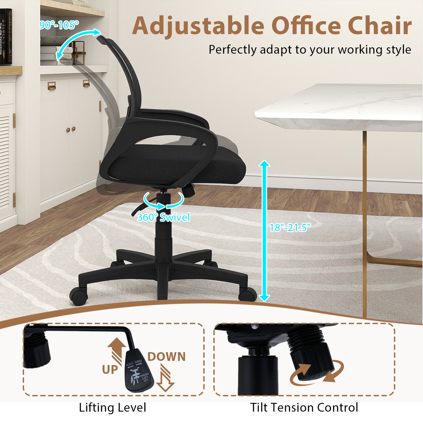 Mid-Back Mesh Office Chair Ergonomic Computer Chair with Lumbar Support, Black Mesh Chairs at Gallery Canada