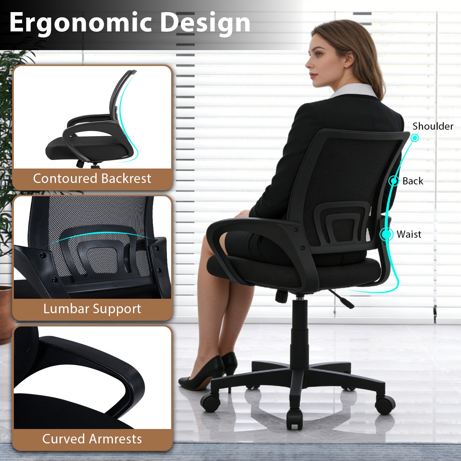 Mid-Back Mesh Office Chair Ergonomic Computer Chair with Lumbar Support, Black Mesh Chairs at Gallery Canada
