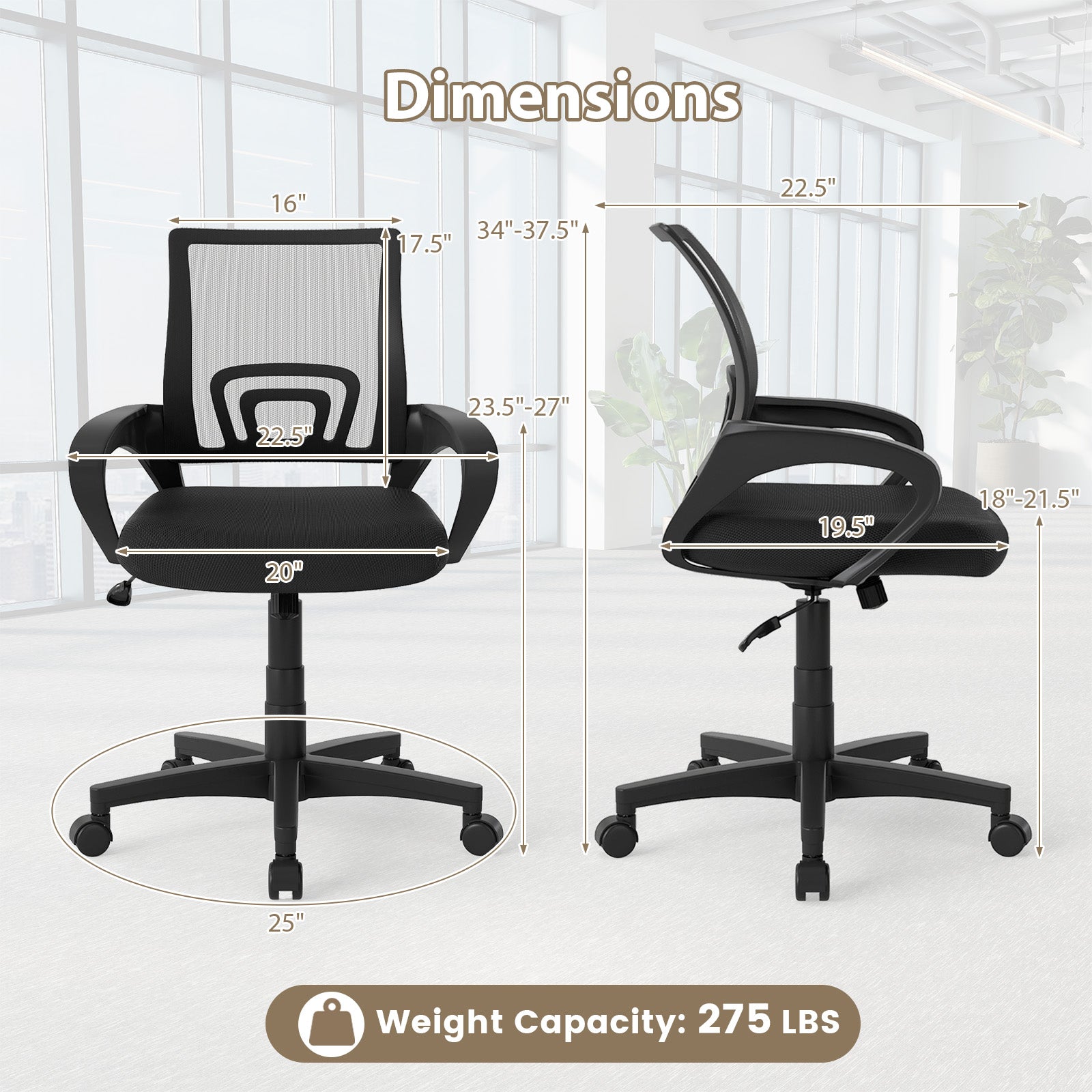 Mid-Back Mesh Office Chair Ergonomic Computer Chair with Lumbar Support, Black Mesh Chairs at Gallery Canada