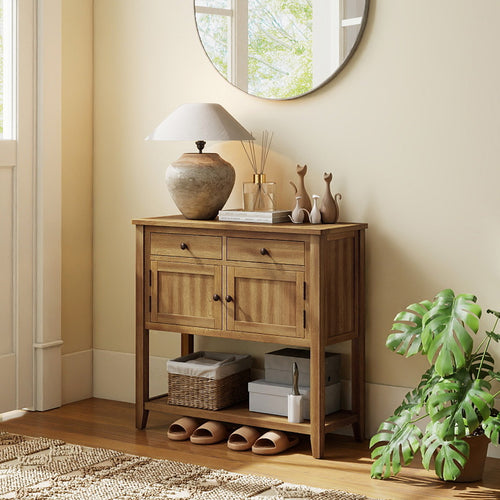Mid-Century Console Table Wood Coffee Bar Buffet Sideboard with 2 Drawers, Walnut
