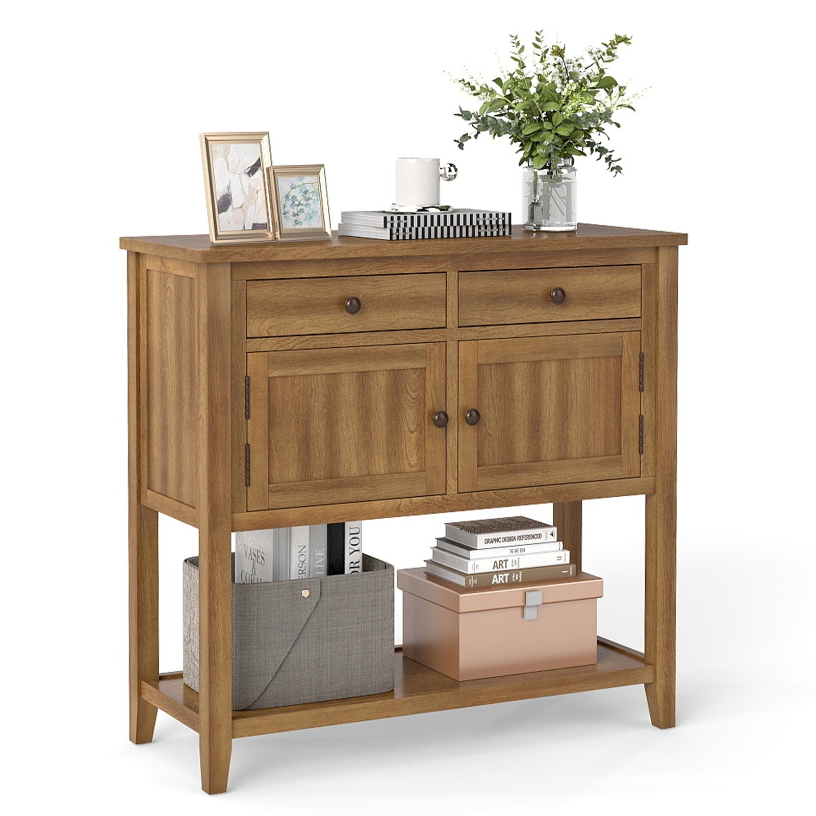 Mid-Century Console Table Wood Coffee Bar Buffet Sideboard with 2 Drawers, Walnut Coffee Tables Walnut at Gallery Canada
