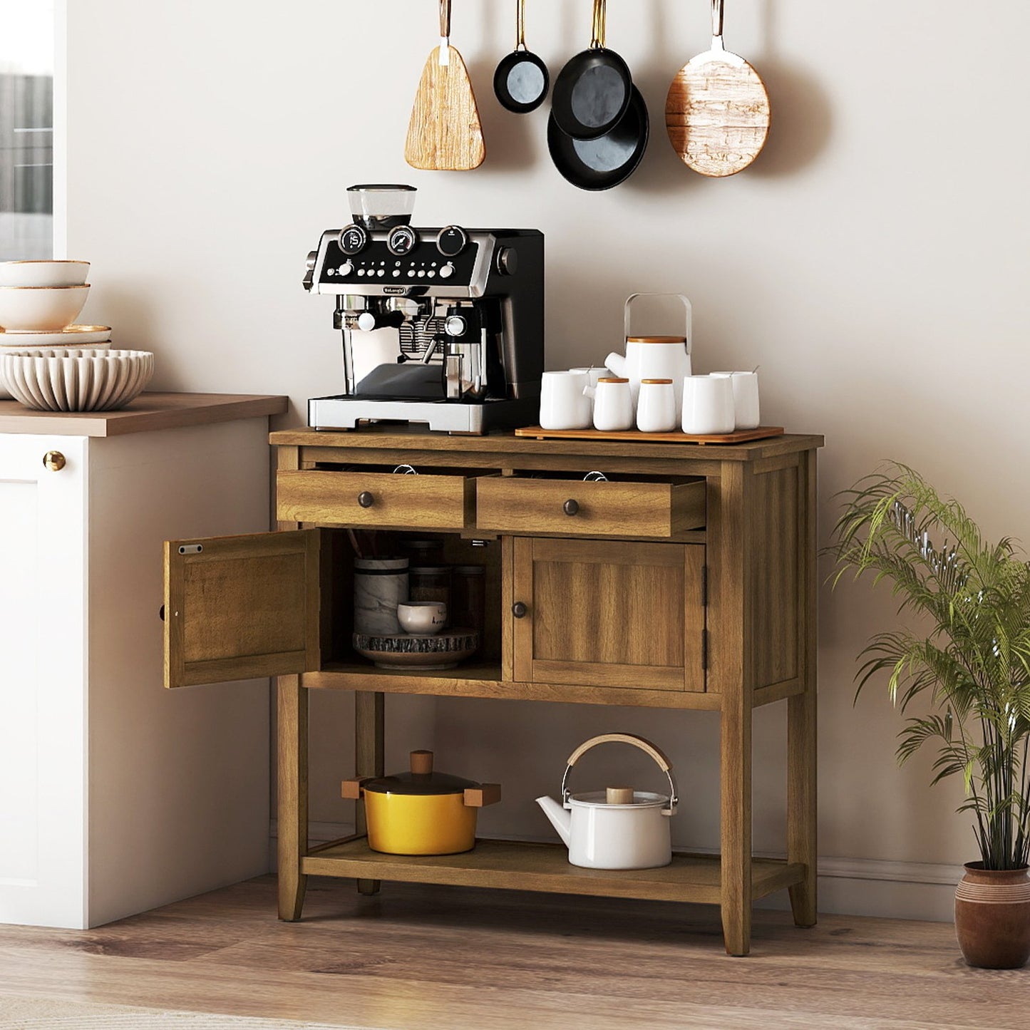 Mid-Century Console Table Wood Coffee Bar Buffet Sideboard with 2 Drawers, Walnut Coffee Tables at Gallery Canada