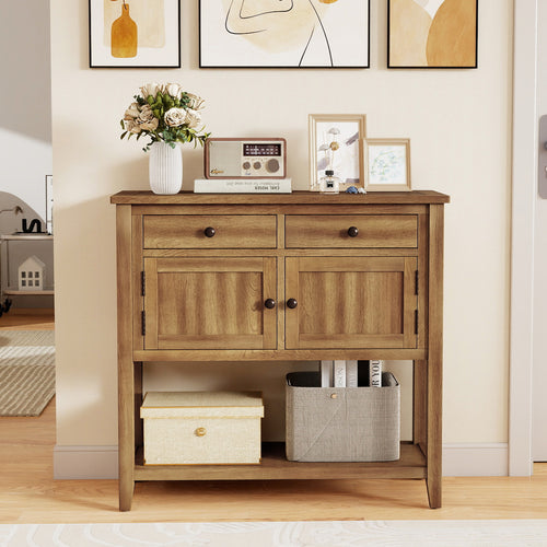 Mid-Century Console Table, Wood Coffee Bar, 2 Drawers, Walnut