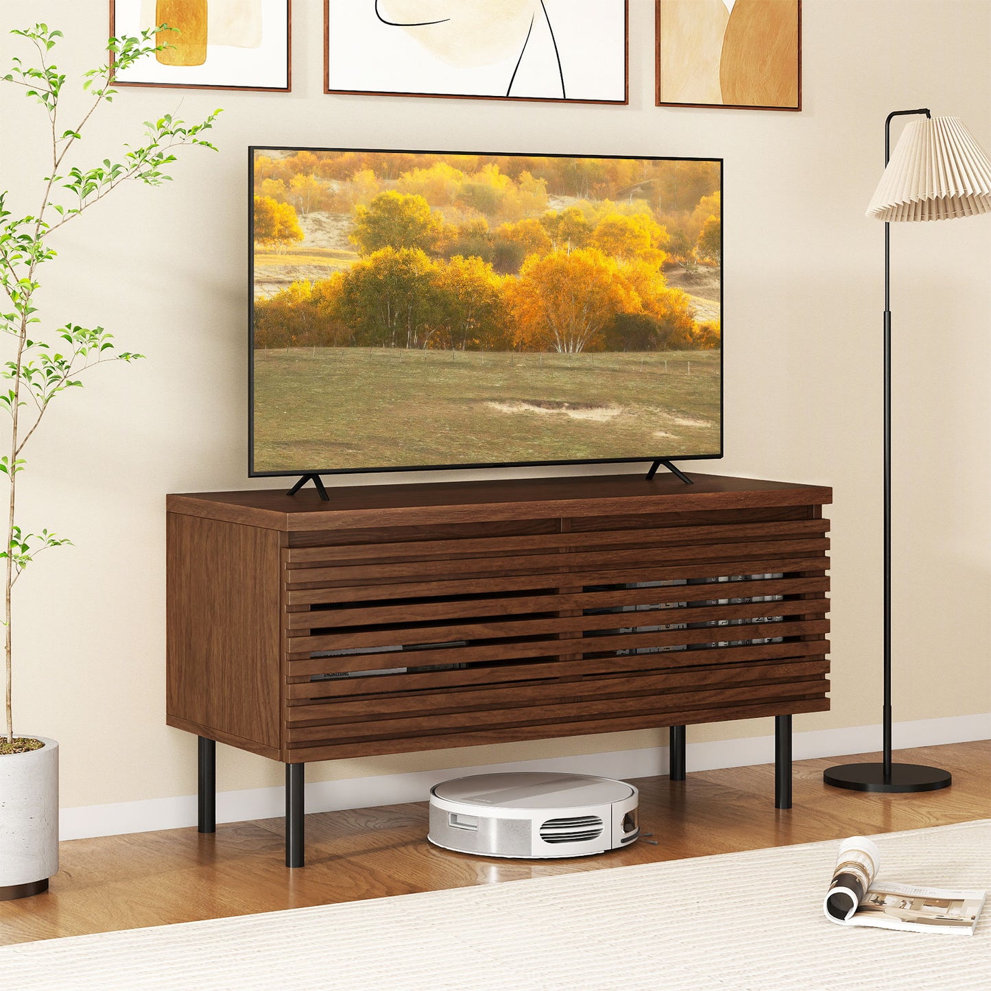 Mid Century Fluted TV Stand for 40" TV with 2 Hidden Compartments and Metal Legs, Walnut Entertainment Centers & TV Stands at Gallery Canada