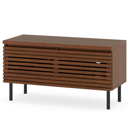 Mid Century Fluted TV Stand for 40" TV with 2 Hidden Compartments and Metal Legs, Walnut Entertainment Centers & TV Stands Walnut at Gallery Canada