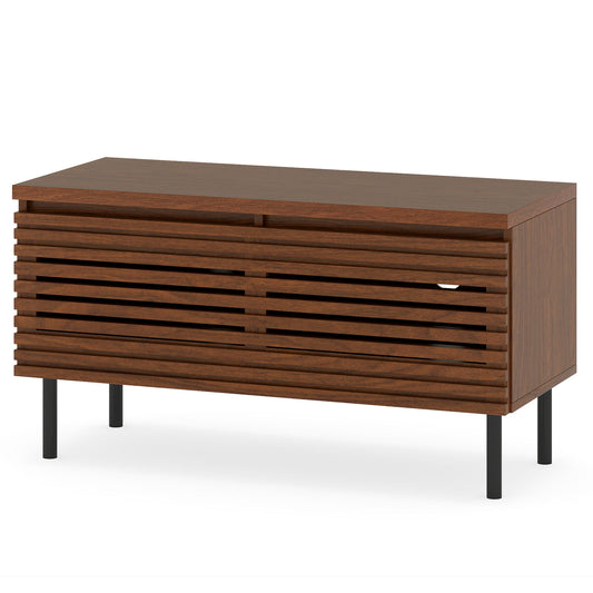 Mid Century Fluted TV Stand for 40" TV with 2 Hidden Compartments and Metal Legs, Walnut Entertainment Centers & TV Stands Walnut at Gallery Canada