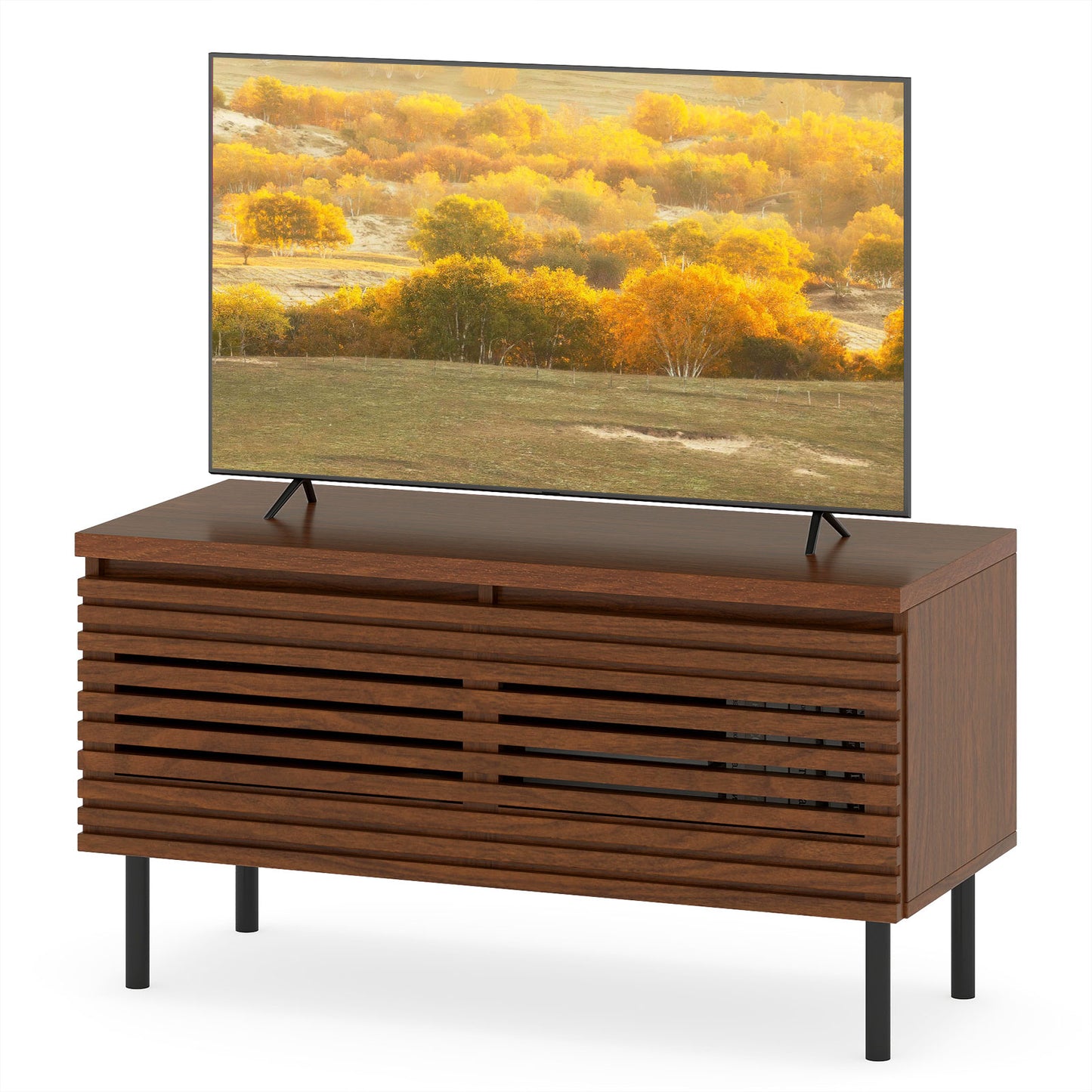 Mid Century Fluted TV Stand for 40" TV with 2 Hidden Compartments and Metal Legs, Walnut Entertainment Centers & TV Stands at Gallery Canada