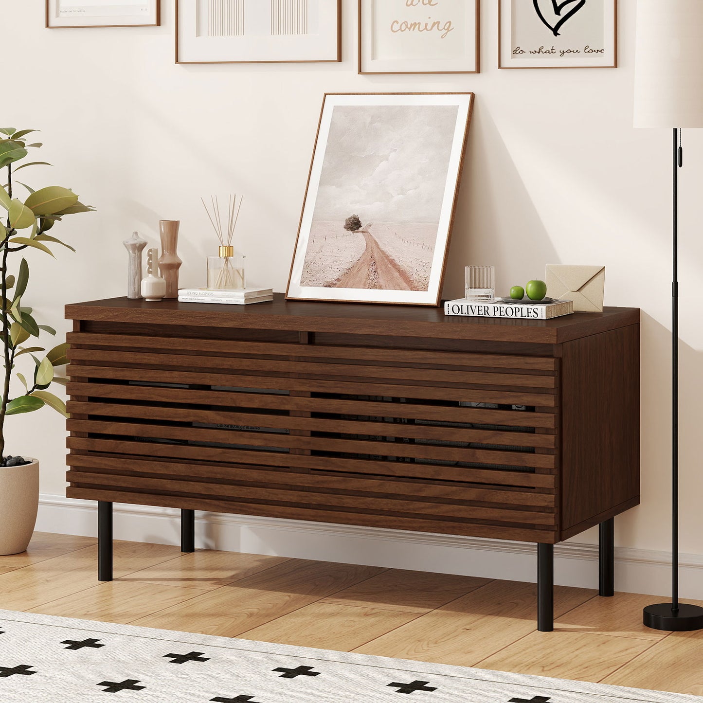 Mid Century Fluted TV Stand for 40" TV with 2 Hidden Compartments and Metal Legs, Walnut Entertainment Centers & TV Stands at Gallery Canada