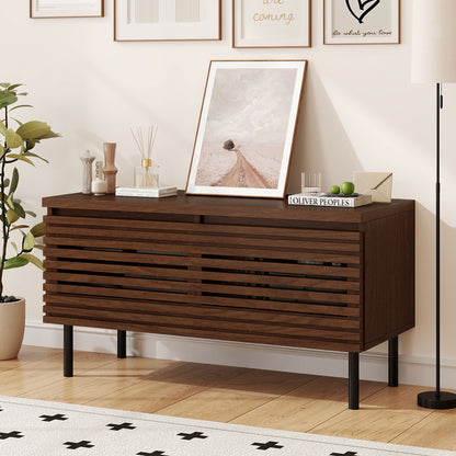 Mid Century Fluted TV Stand for 40" TV with 2 Hidden Compartments and Metal Legs, Walnut Entertainment Centers & TV Stands at Gallery Canada