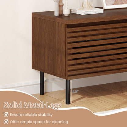 Mid Century Fluted TV Stand for 40" TV with 2 Hidden Compartments and Metal Legs, Walnut Entertainment Centers & TV Stands at Gallery Canada