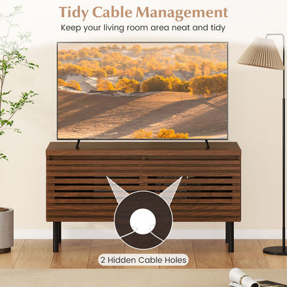 Mid Century Fluted TV Stand for 40" TV with 2 Hidden Compartments and Metal Legs, Walnut Entertainment Centers & TV Stands at Gallery Canada