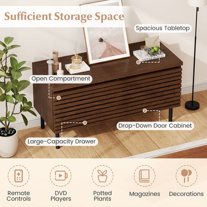 Mid Century Fluted TV Stand for 40" TV with 2 Hidden Compartments and Metal Legs, Walnut Entertainment Centers & TV Stands at Gallery Canada