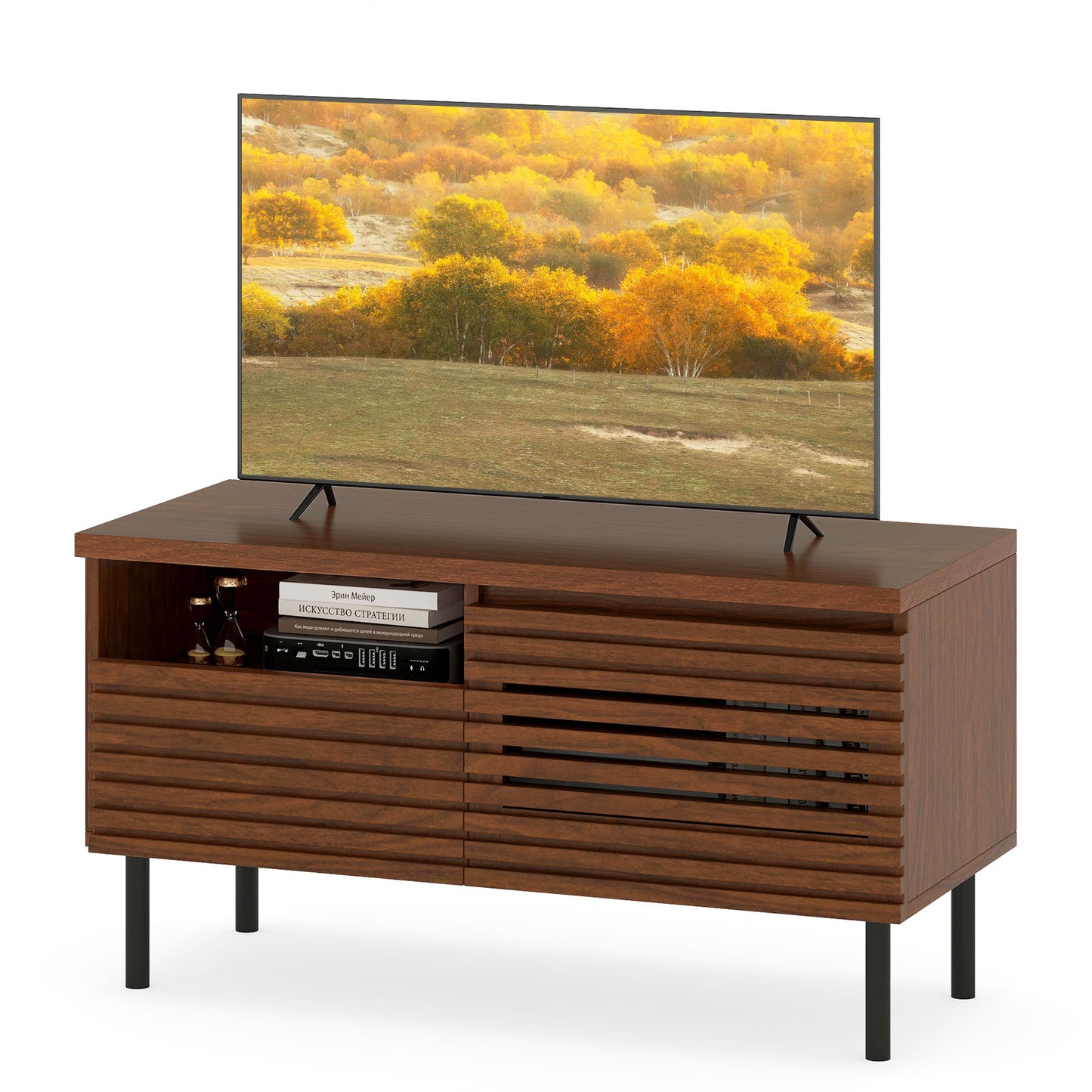 Mid Century Fluted TV Stand for 40 Inch TV Modern Entertainment Center with Open Compartment, Walnut Entertainment Centers & TV Stands at Gallery Canada