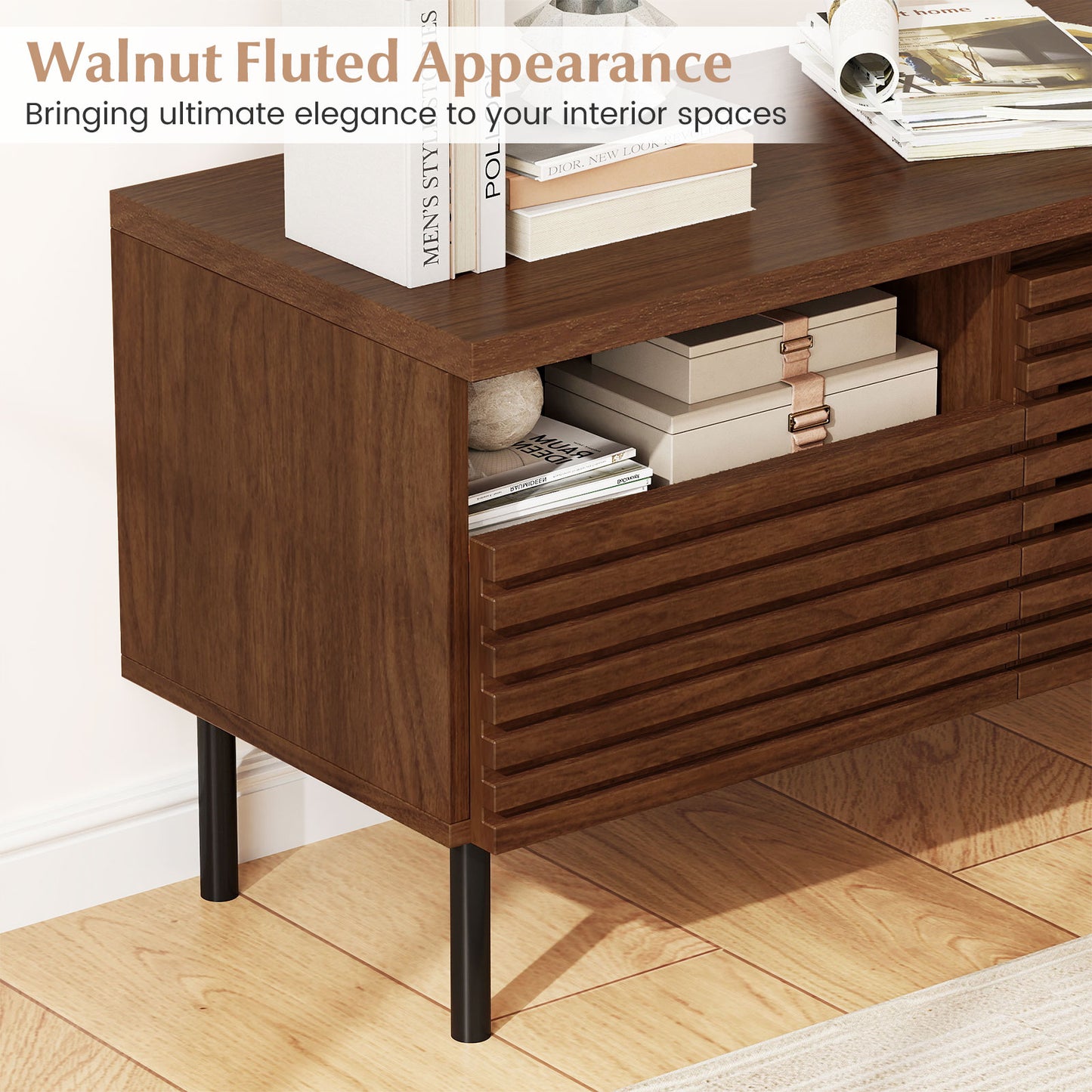 Mid Century Fluted TV Stand for 40 Inch TV Modern Entertainment Center with Open Compartment, Walnut