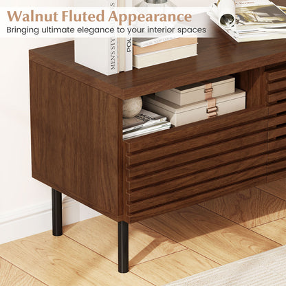 Mid Century Fluted TV Stand for 40 Inch TV Modern Entertainment Center with Open Compartment, Walnut