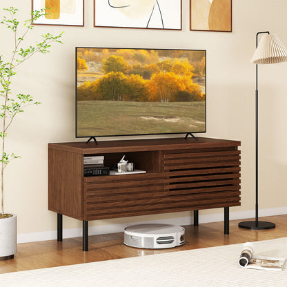 Mid Century Fluted TV Stand for 40 Inch TV Modern Entertainment Center with Open Compartment, Walnut