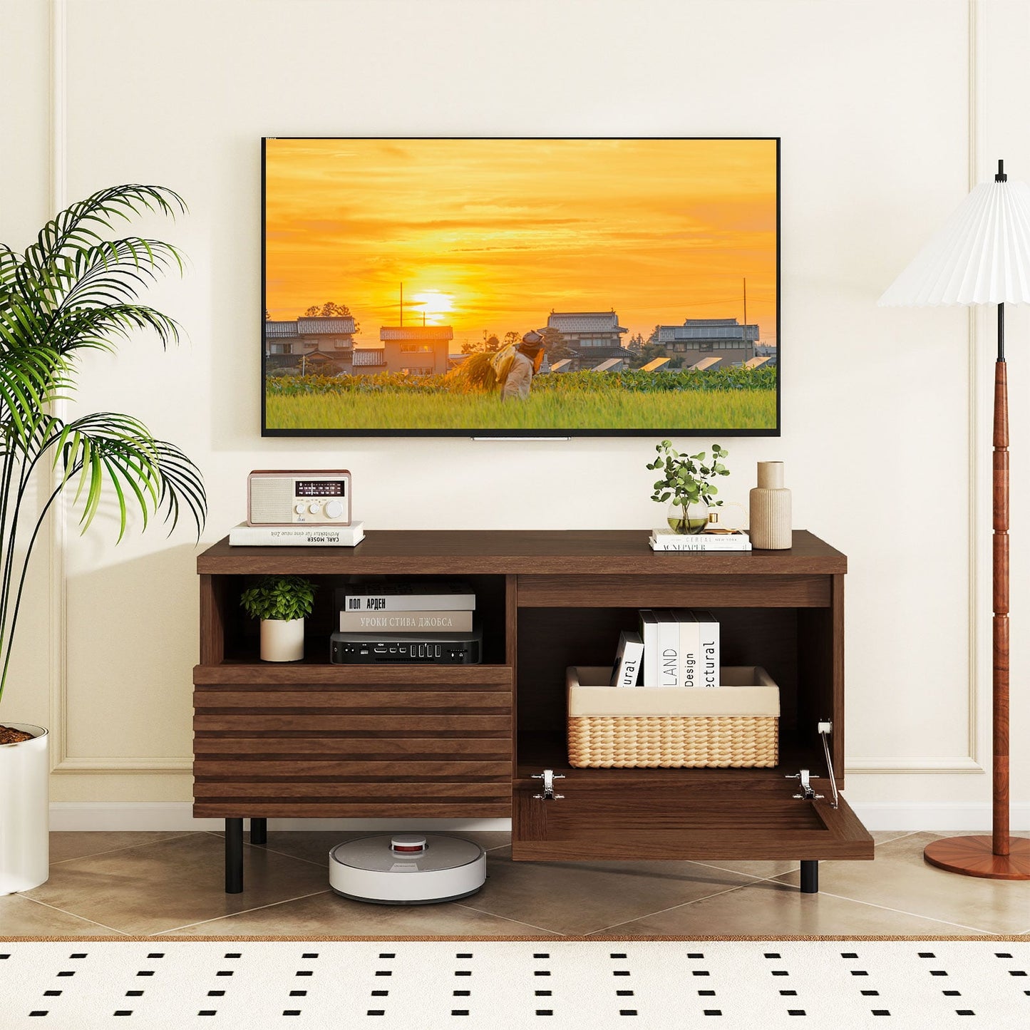 Mid Century Fluted TV Stand for 40 Inch TV Modern Entertainment Center with Open Compartment, Walnut