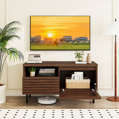 Mid Century Fluted TV Stand for 40 Inch TV Modern Entertainment Center with Open Compartment, Walnut