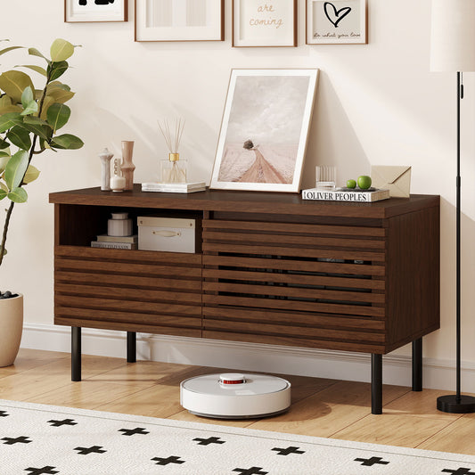 Mid Century Fluted TV Stand for 40 Inch TV Modern Entertainment Center with Open Compartment, Walnut Entertainment Centers & TV Stands Walnut at Gallery Canada