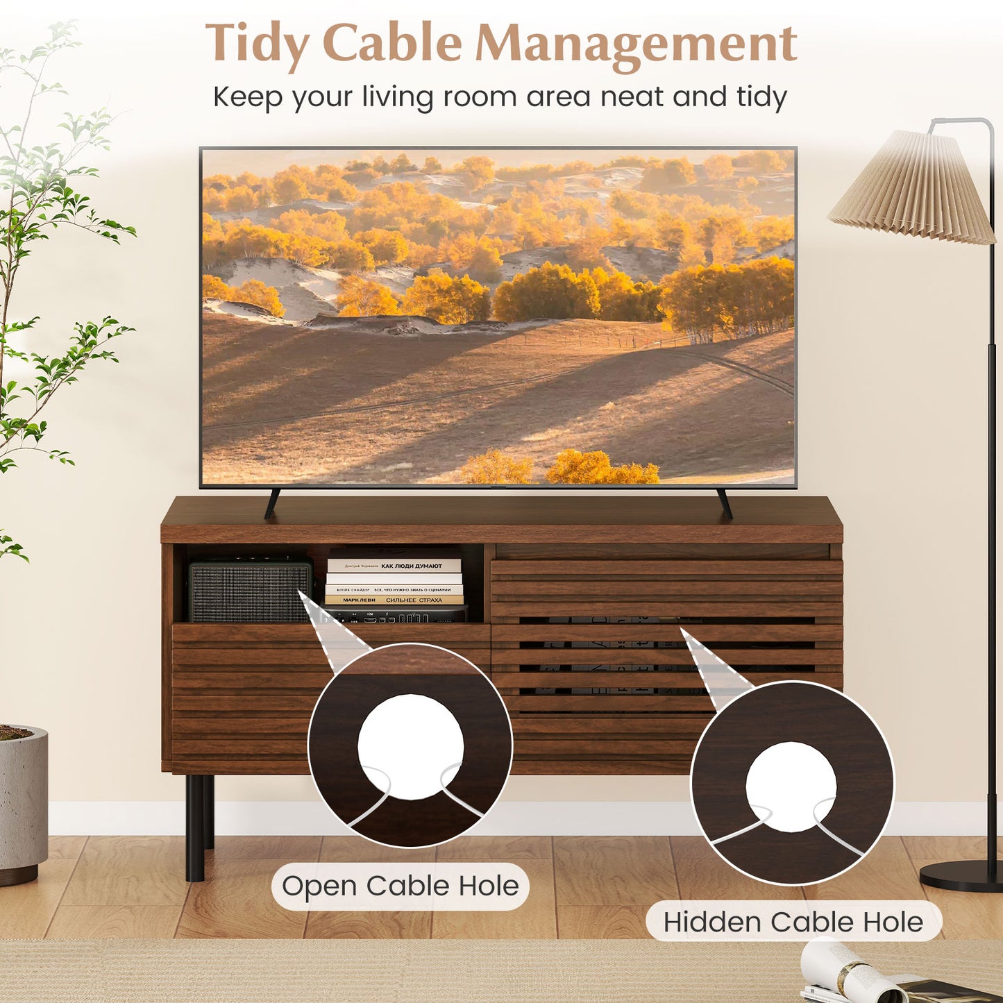 Mid Century Fluted TV Stand for 40 Inch TV Modern Entertainment Center with Open Compartment, Walnut