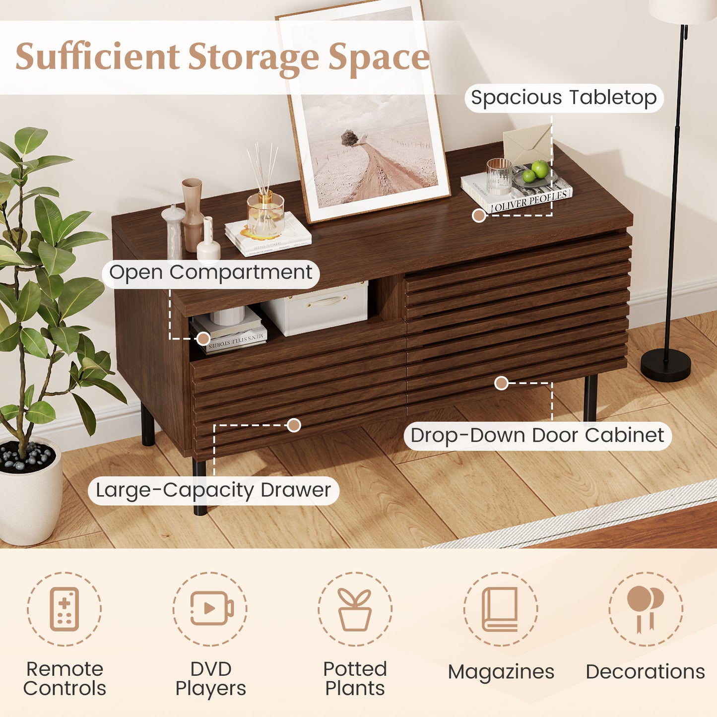 Mid Century Fluted TV Stand for 40 Inch TV Modern Entertainment Center with Open Compartment, Walnut