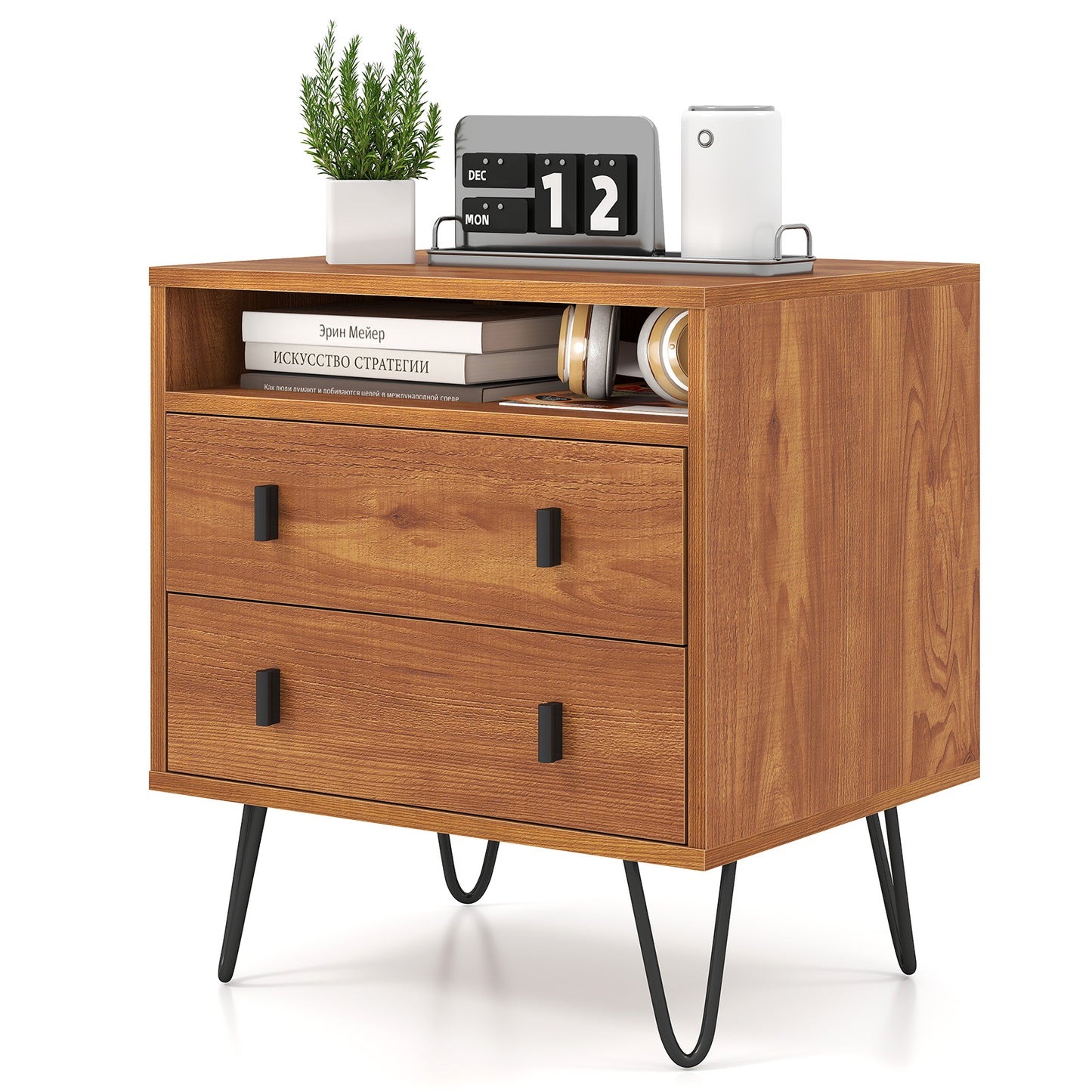 Mid Century Modern 2-Drawer Nightstand with Storage Compartment, Walnut Nightstands Walnut at Gallery Canada