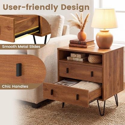 Mid Century Modern 2-Drawer Nightstand with Storage Compartment, Walnut Nightstands at Gallery Canada