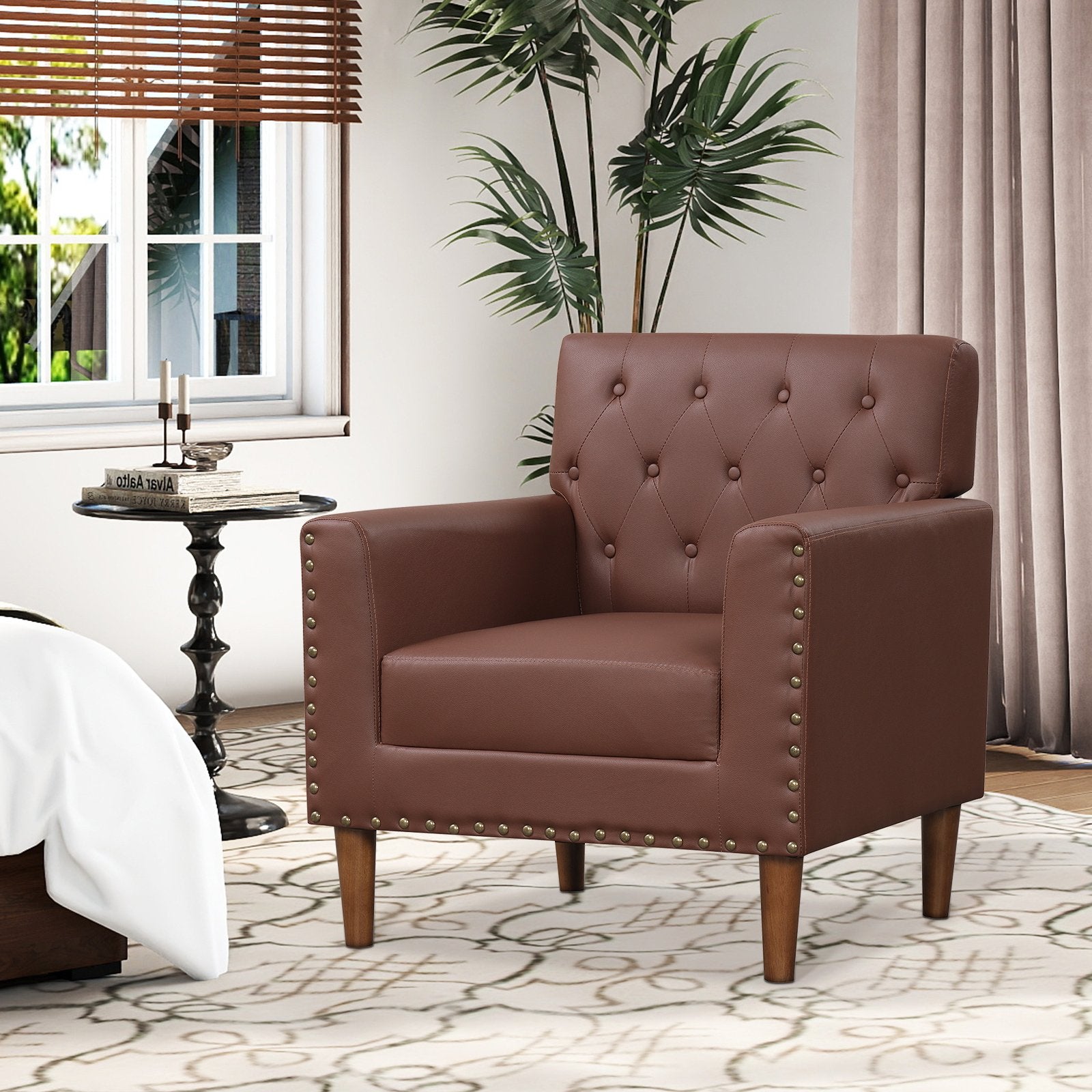 Mid Century Modern Accent Chair with Button Tufted Decoration and Rivets, Brown Accent Chairs at Gallery Canada