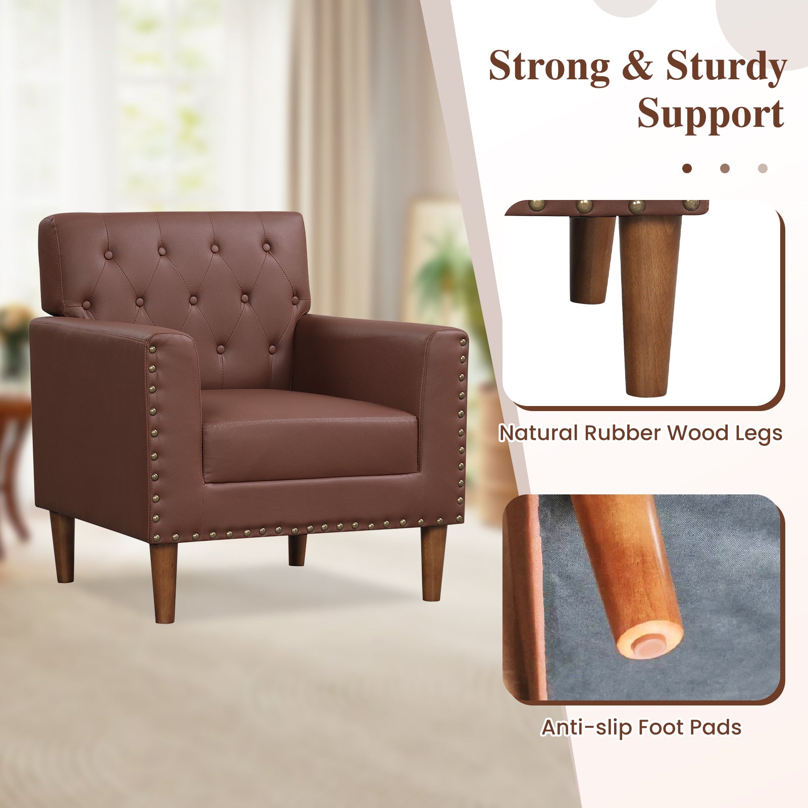 Mid Century Modern Accent Chair with Button Tufted Decoration and Rivets, Brown Accent Chairs at Gallery Canada