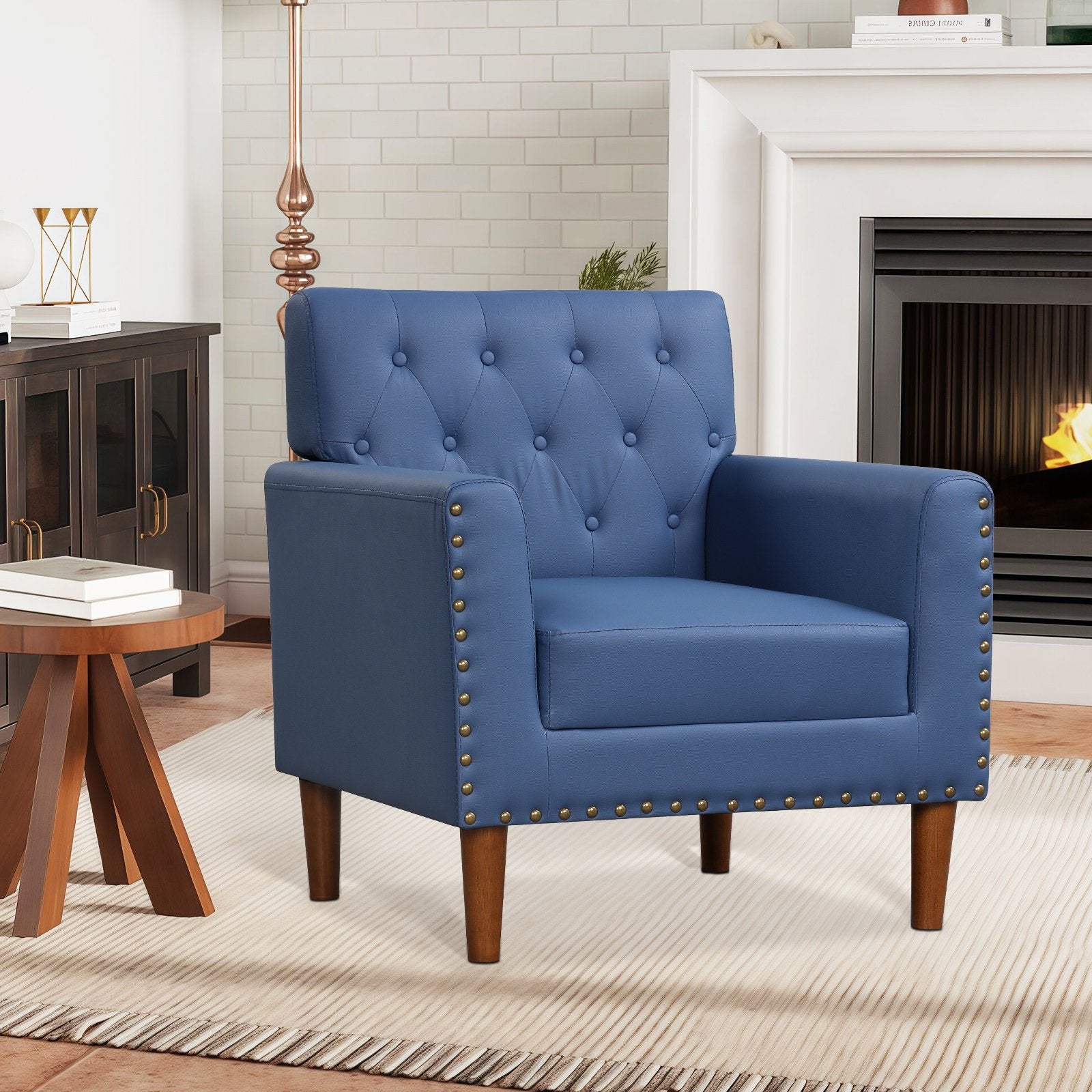 Mid Century Modern Accent Chair with Button Tufted Decoration and Rivets, Blue Accent Chairs at Gallery Canada