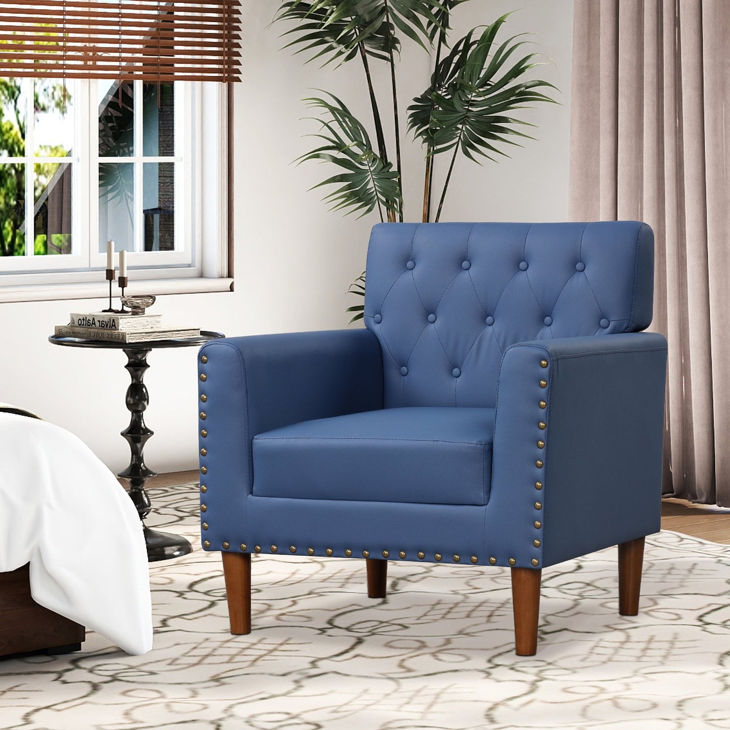 Mid Century Modern Accent Chair with Button Tufted Decoration and Rivets, Blue Accent Chairs at Gallery Canada