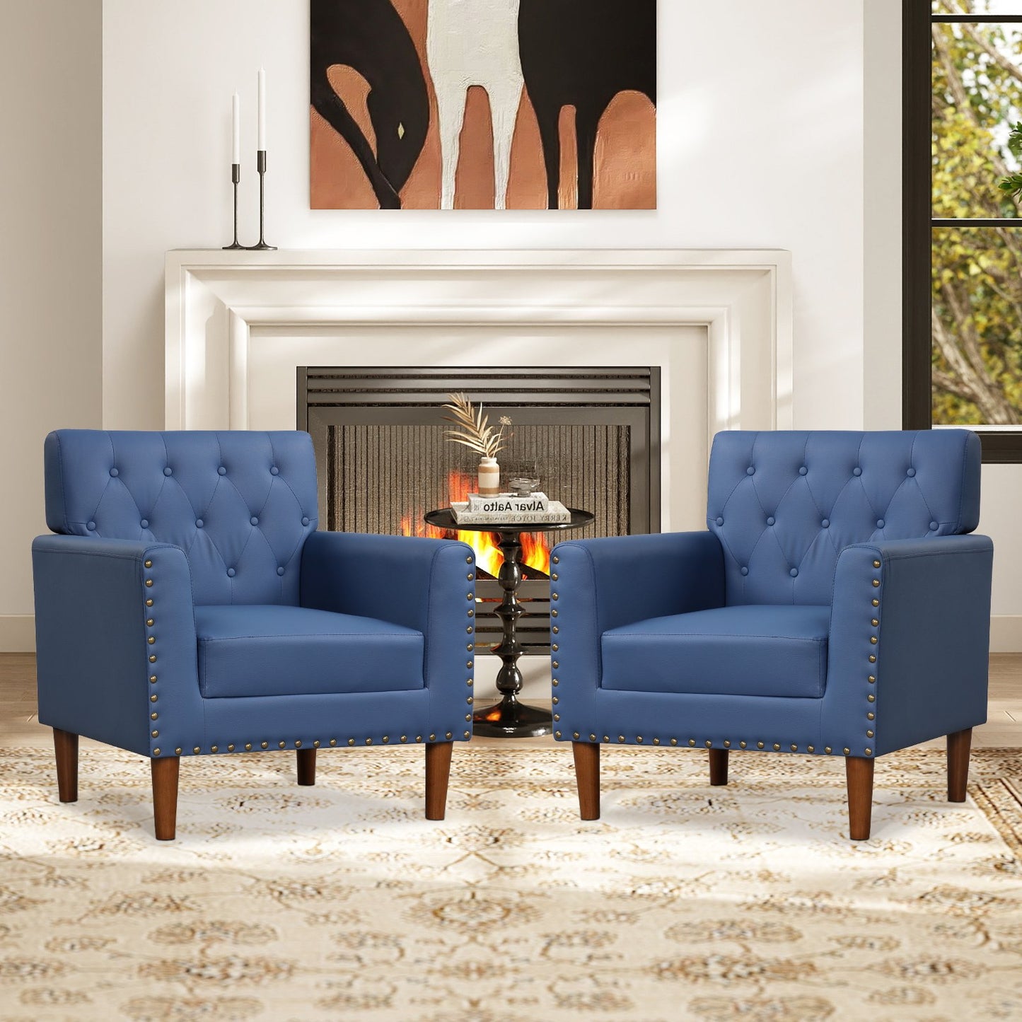 Mid Century Modern Accent Chair with Button Tufted Decoration and Rivets, Blue Accent Chairs at Gallery Canada