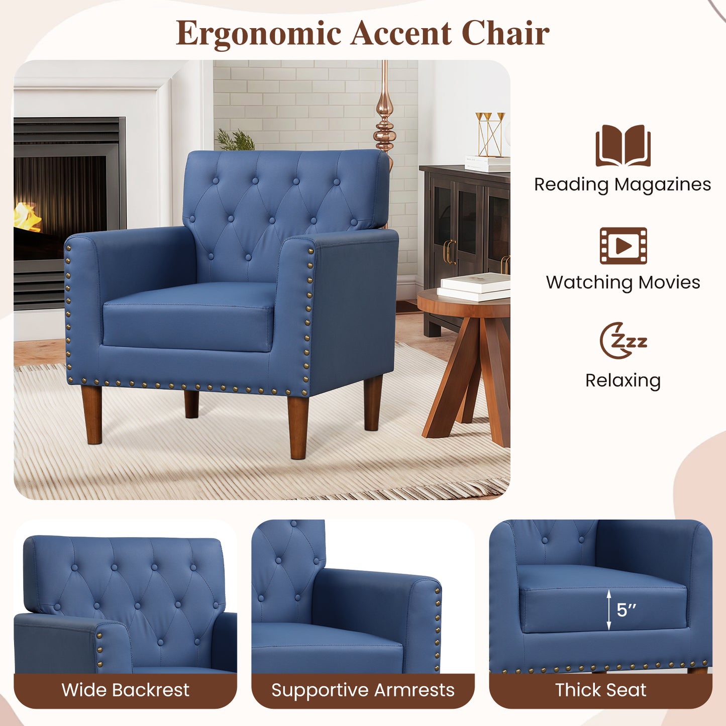 Mid Century Modern Accent Chair with Button Tufted Decoration and Rivets, Blue Accent Chairs at Gallery Canada