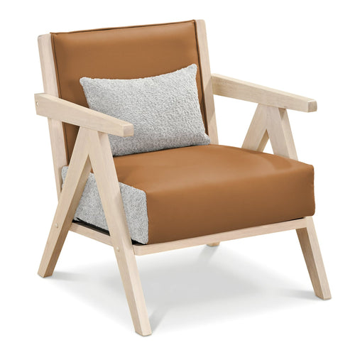 Mid-Century Modern Accent Chair, Artificial Leather, Rubber Wood Frame, Brown