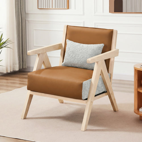 Mid-Century Modern Accent Chair, Artificial Leather, Rubber Wood Frame, Brown