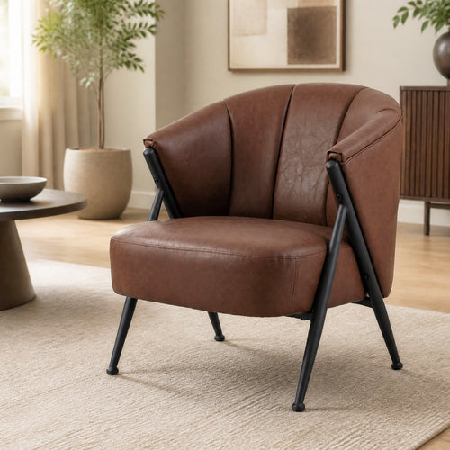 Mid Century Modern Accent Chair, Curved Backrest, Wide Seat, Brown