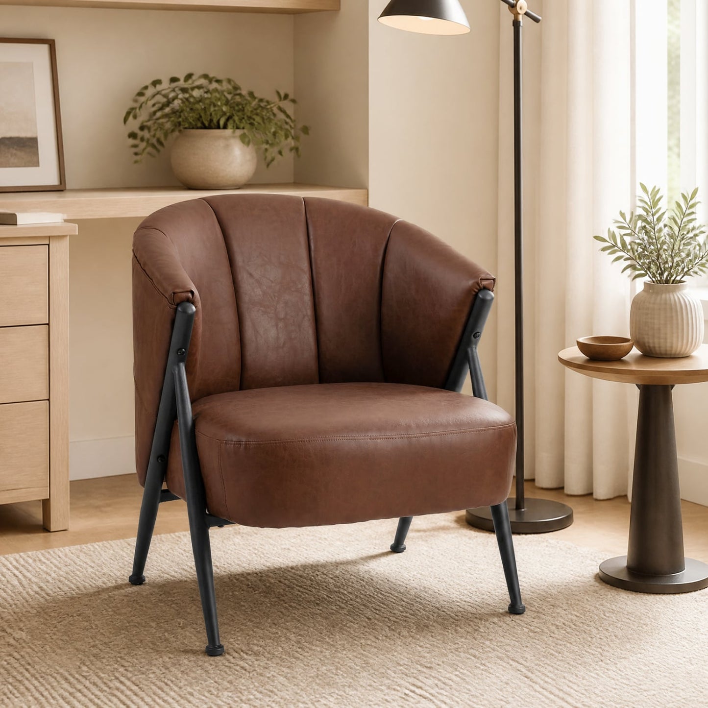 Mid Century Modern Accent Chair, Curved Backrest, Wide Seat, Brown