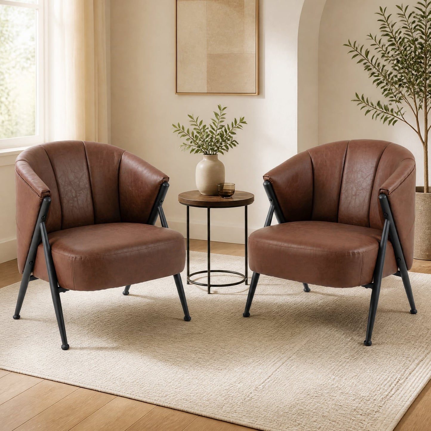 Mid Century Modern Accent Chair, Curved Backrest, Wide Seat, Brown