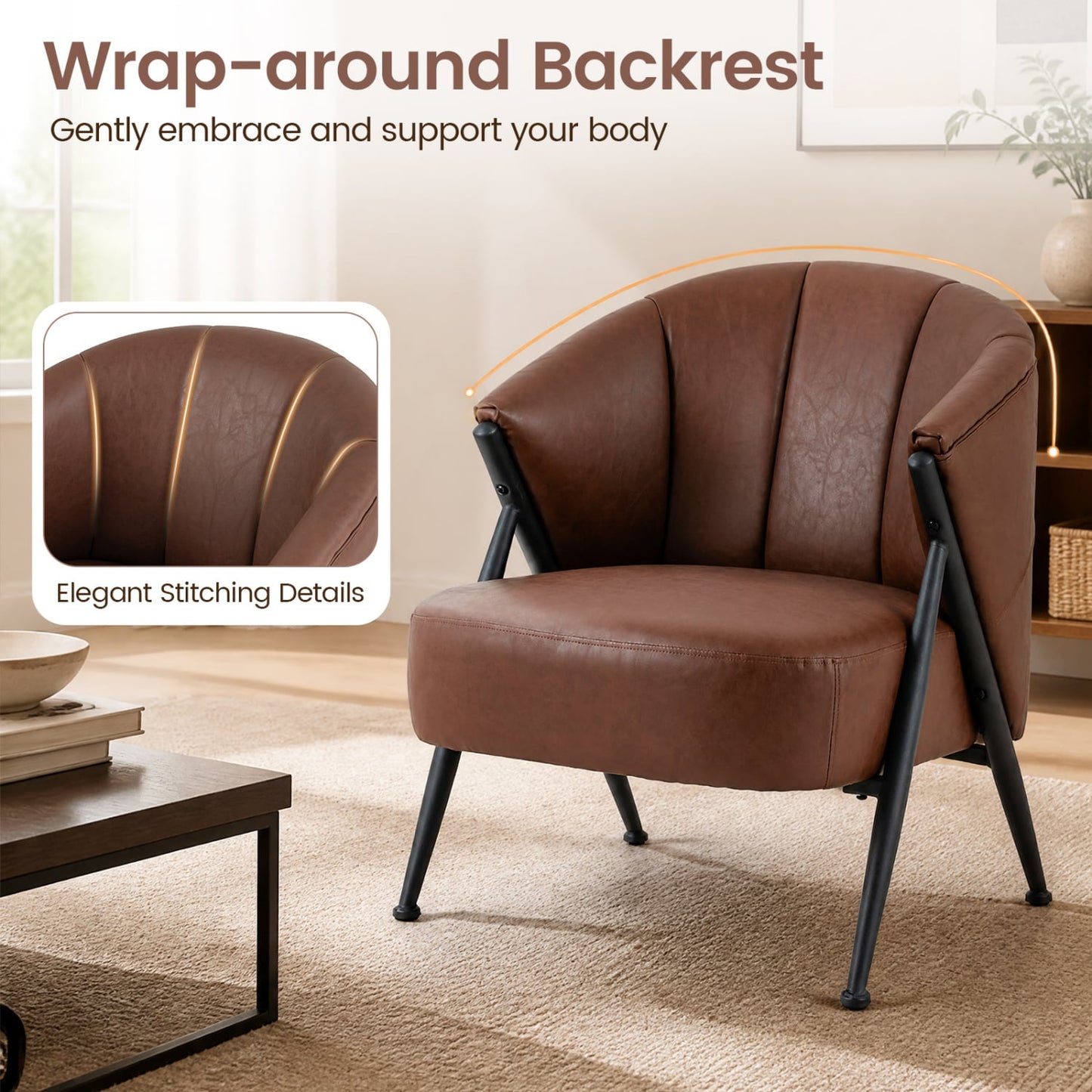 Mid Century Modern Accent Chair, Curved Backrest, Wide Seat, Brown