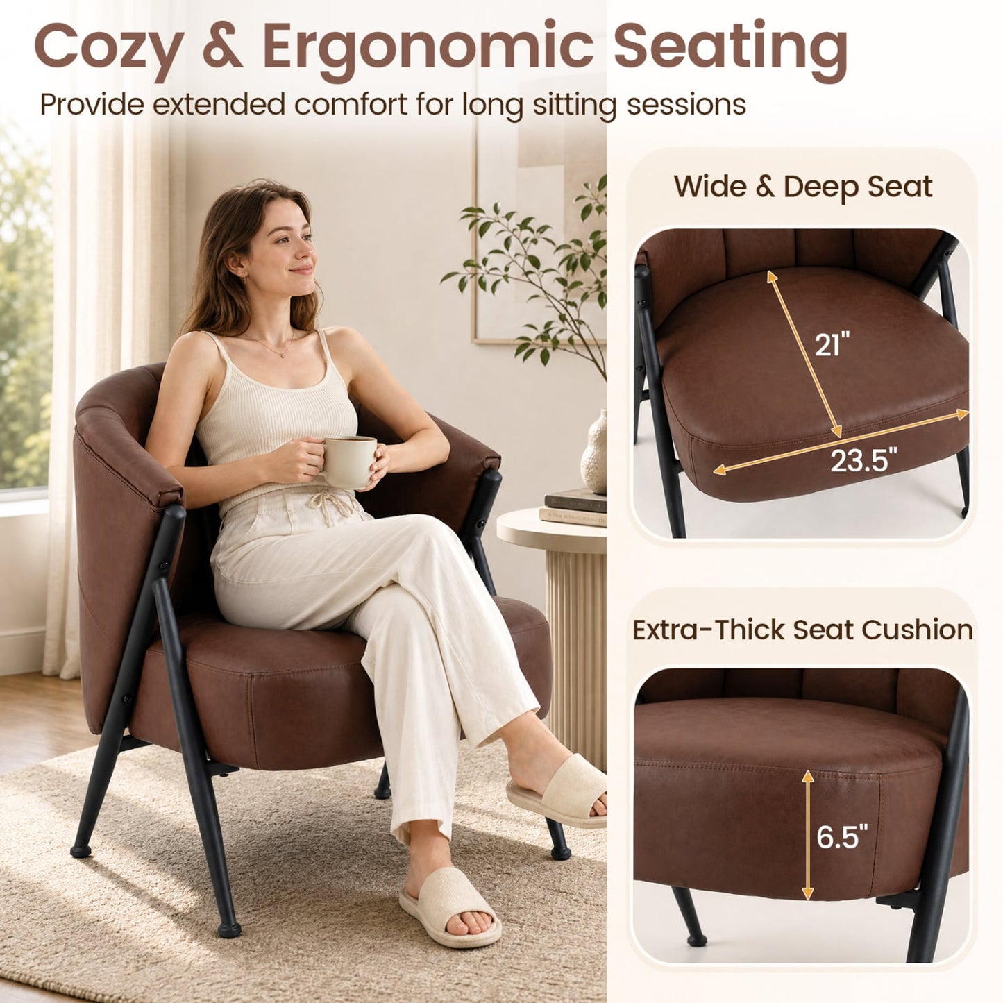 Mid Century Modern Accent Chair, Curved Backrest, Wide Seat, Brown