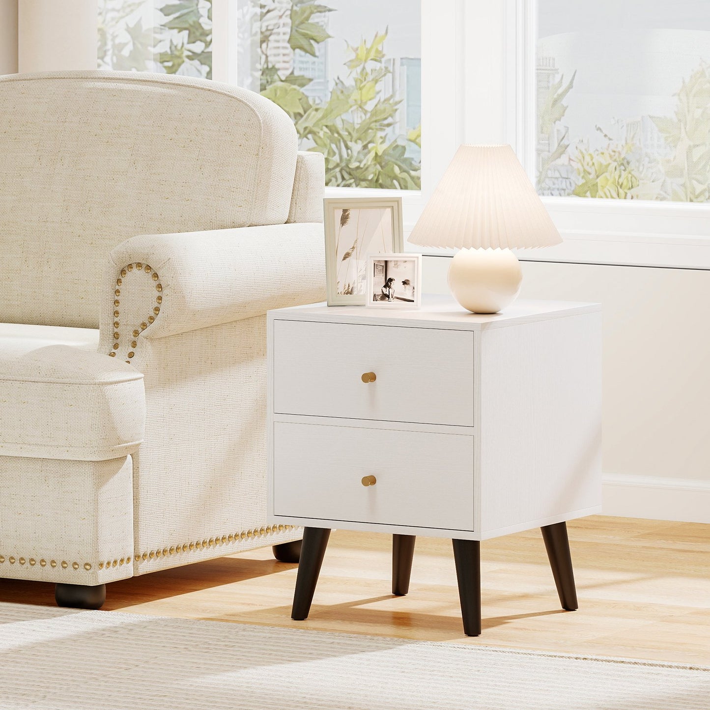 Mid Century Modern Bedside Table Nightstand with Golden Knobs and Raised Support Legs, White Nightstands at Gallery Canada