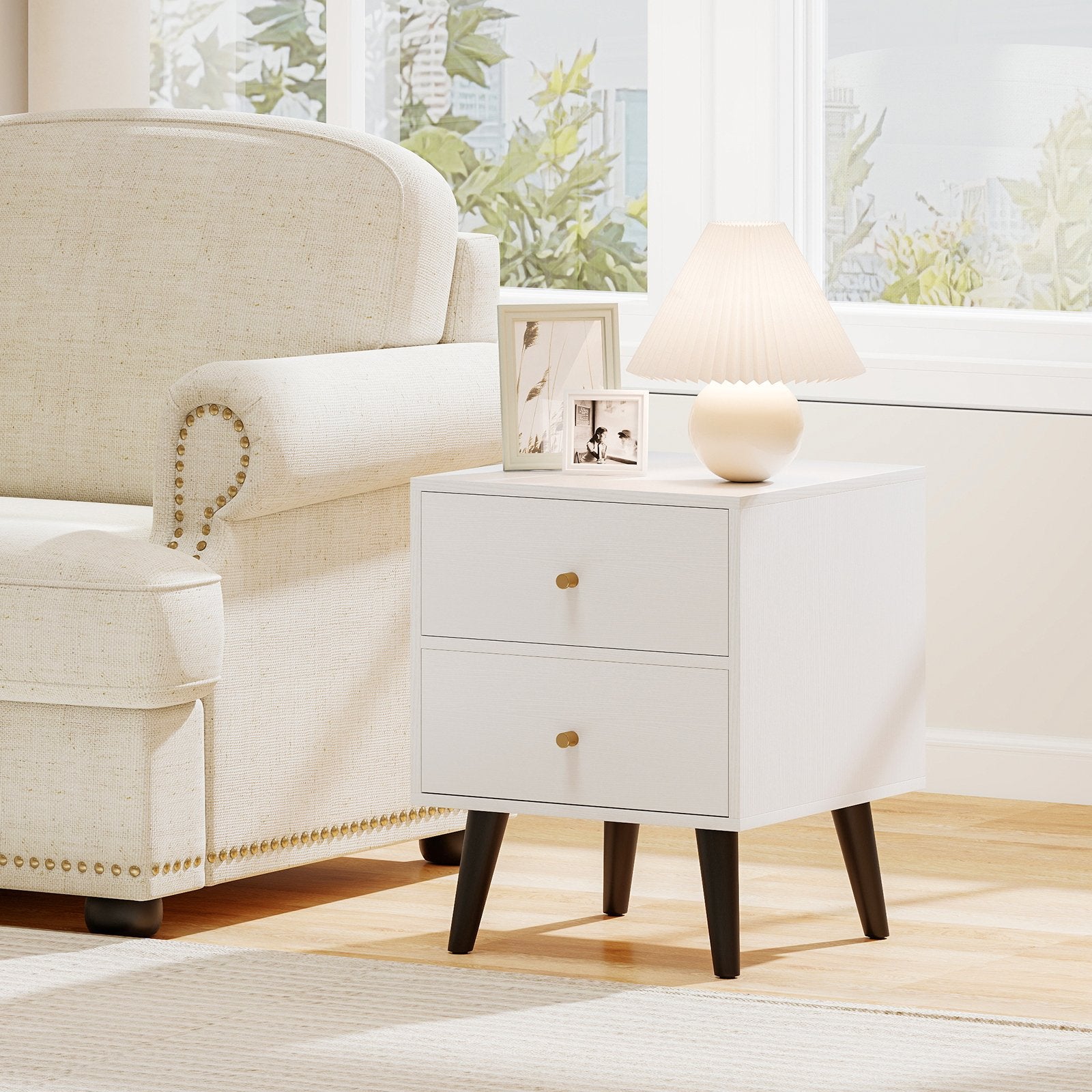 Mid Century Modern Bedside Table Nightstand with Golden Knobs and Raised Support Legs, White Nightstands at Gallery Canada