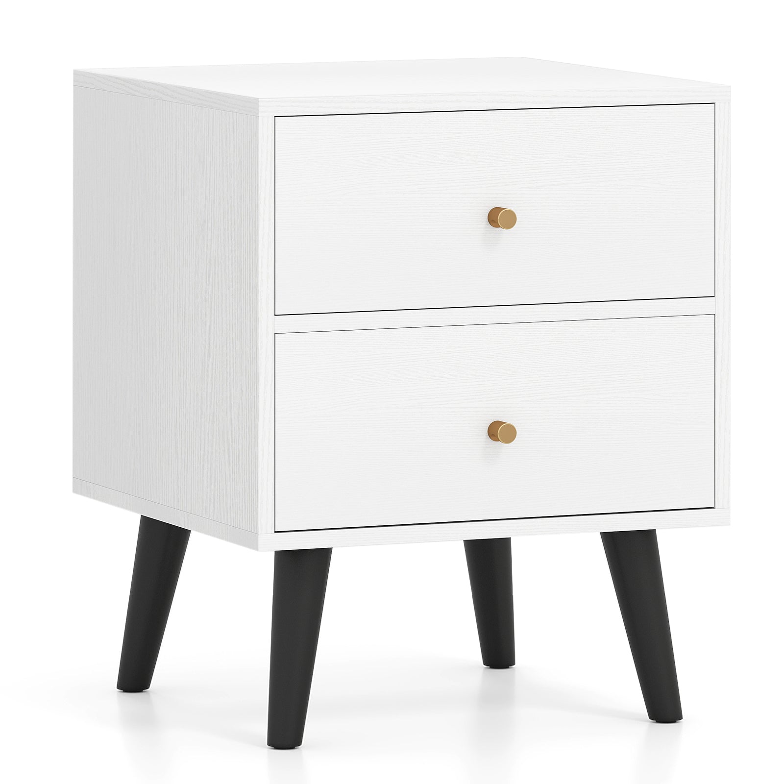 Mid Century Modern Bedside Table Nightstand with Golden Knobs and Raised Support Legs, White Nightstands White at Gallery Canada