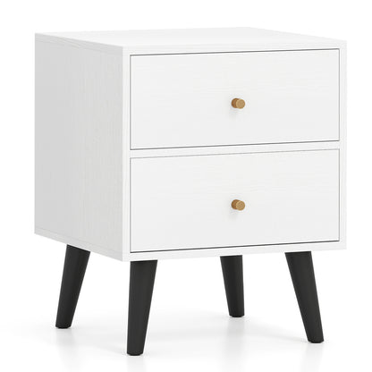 Mid Century Modern Bedside Table Nightstand with Golden Knobs and Raised Support Legs, White Nightstands White at Gallery Canada