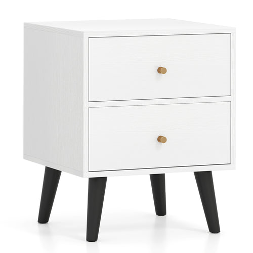 Mid Century Modern Bedside Table Nightstand with Golden Knobs and Raised Support Legs, White