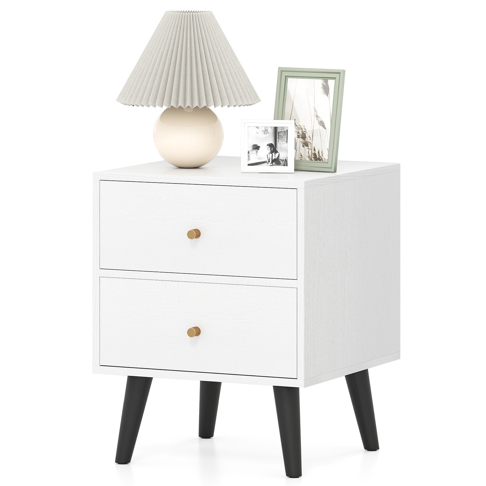 Mid Century Modern Bedside Table Nightstand with Golden Knobs and Raised Support Legs, White Nightstands at Gallery Canada