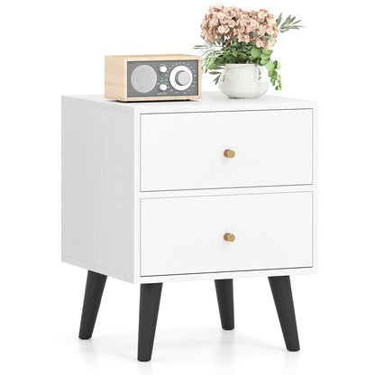 Mid Century Modern Bedside Table Nightstand with Golden Knobs and Raised Support Legs, White Nightstands at Gallery Canada