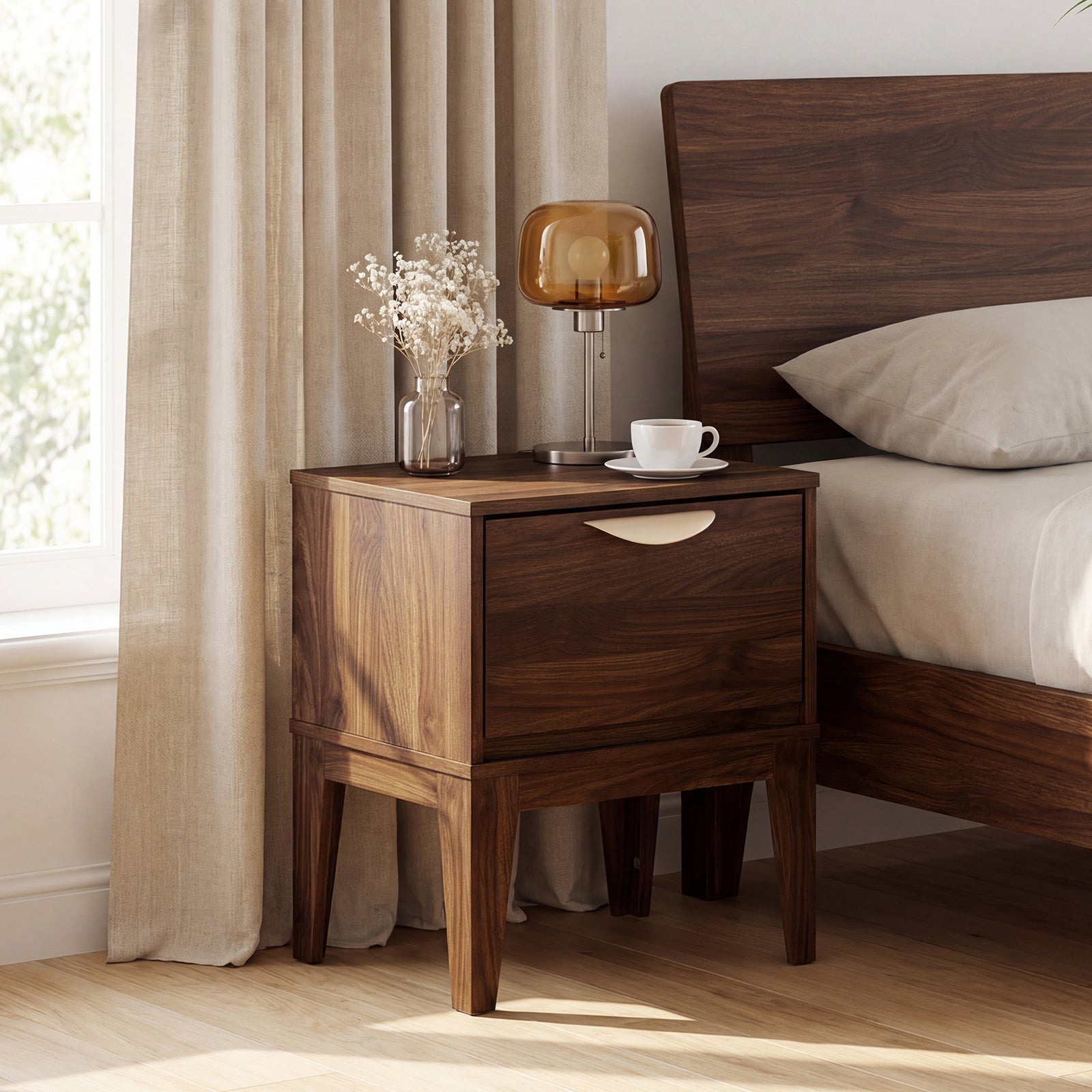 Mid Century Modern Bedside Table, Walnut, With Drawer And Tapered Feet Nightstands at Gallery Canada